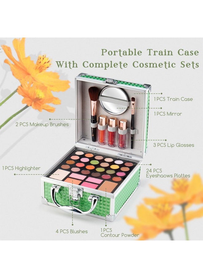 Beginner Makeup Kit For Teens With The Small Cosmetic Train Case Included 24-Colors Eyeshadow Palette Blushes Bronzer Highlighter Lipstick Brushes Mirror(Green)