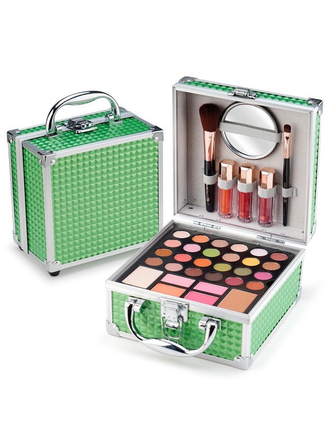 Beginner Makeup Kit For Teens With The Small Cosmetic Train Case Included 24-Colors Eyeshadow Palette Blushes Bronzer Highlighter Lipstick Brushes Mirror(Green)