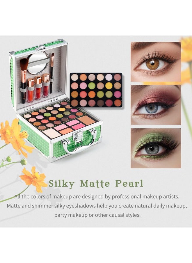 Beginner Makeup Kit For Teens With The Small Cosmetic Train Case Included 24-Colors Eyeshadow Palette Blushes Bronzer Highlighter Lipstick Brushes Mirror(Green)