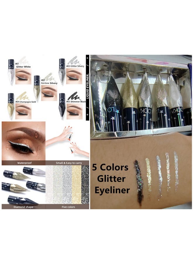 Glitter Liquid Eyeliner Colorful Set,5 Colors Metallic Shimmer White Black Silver Gold Diamond Eyeliner,Glitter Eyeliner Sticks,Waterproof Eyeliner,Long Lasting Sparkle Eye Makeup