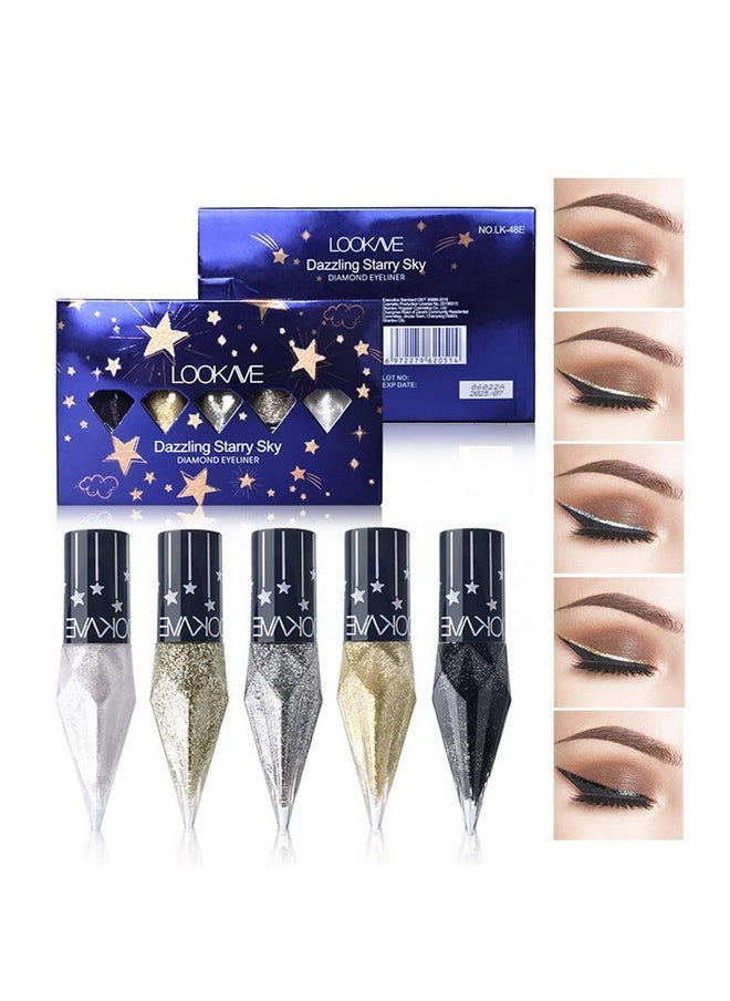 Glitter Liquid Eyeliner Colorful Set,5 Colors Metallic Shimmer White Black Silver Gold Diamond Eyeliner,Glitter Eyeliner Sticks,Waterproof Eyeliner,Long Lasting Sparkle Eye Makeup