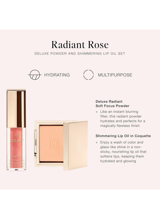 Radiant Rose Face + Lip Set, Translucent Setting Powder & Shimmer Lip Oil - Blurring Powder - Hydrating Lip Oil - Set Face Makeup