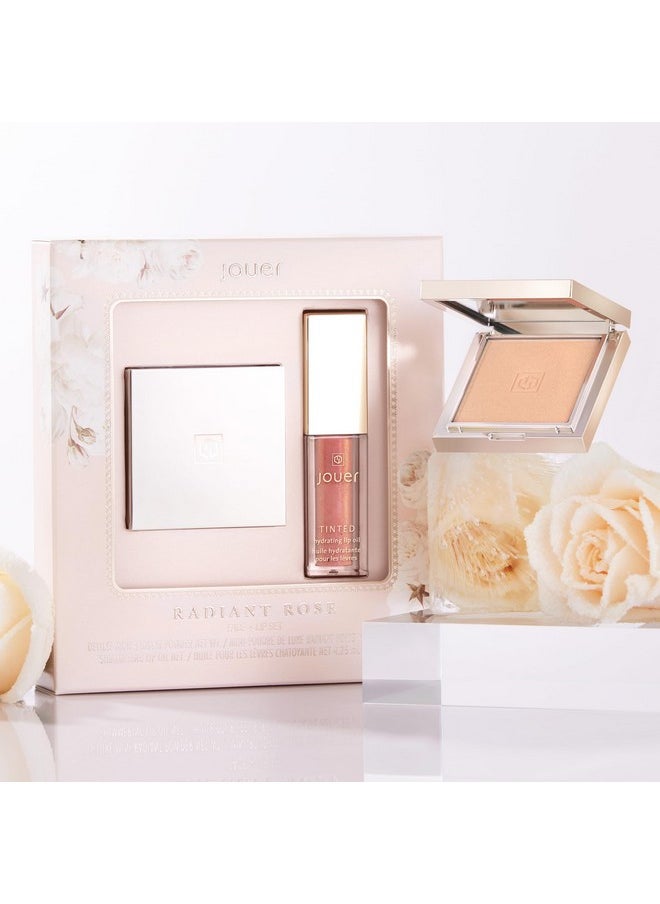 Radiant Rose Face + Lip Set, Translucent Setting Powder & Shimmer Lip Oil - Blurring Powder - Hydrating Lip Oil - Set Face Makeup