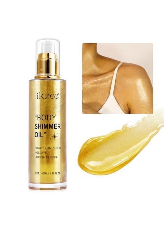 Body Shimmer Oil 100Ml, Moisturizing Long Lasting Body Luminizer Face Brighten, Waterproof Liquid Illuminator Body Glitter Oil, Shimmer Glow Highlighter Summer Glowing Taning Makeup (#02 Gold)