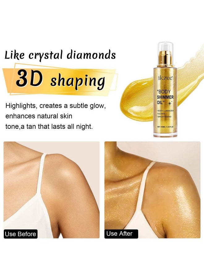 Body Shimmer Oil 100Ml, Moisturizing Long Lasting Body Luminizer Face Brighten, Waterproof Liquid Illuminator Body Glitter Oil, Shimmer Glow Highlighter Summer Glowing Taning Makeup (#02 Gold)