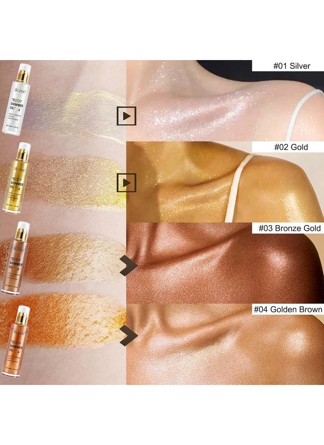 Body Shimmer Oil 100Ml, Moisturizing Long Lasting Body Luminizer Face Brighten, Waterproof Liquid Illuminator Body Glitter Oil, Shimmer Glow Highlighter Summer Glowing Taning Makeup (#02 Gold)
