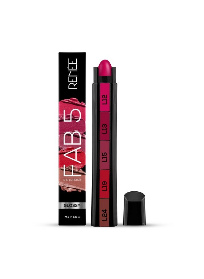 Fab 5 Glossy 5 In 1 Lipstick 7.5 Gm - Five Shades In One - Moisturizing & Nourishing, Long Lasting, Glossy Finish - Intense Color Payoff - Compact, Glides Smoothly With One-Stroke Application