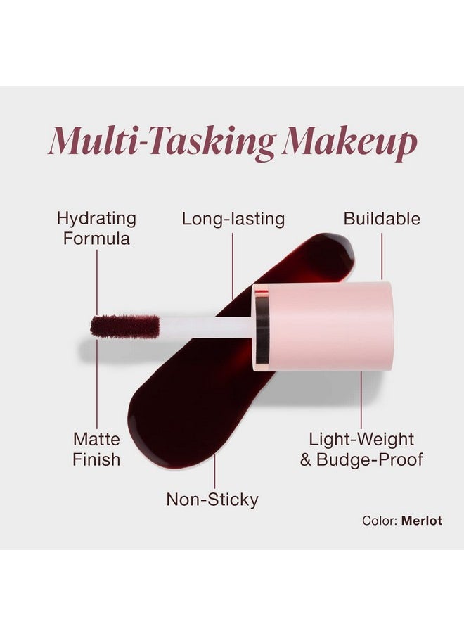 2-In-1 Lip & Cheek Stain Merlot, 0.10 Fl Oz, Deep Cherry Red Hydrating, Long-Lasting, Matte Lip And Cheek Color