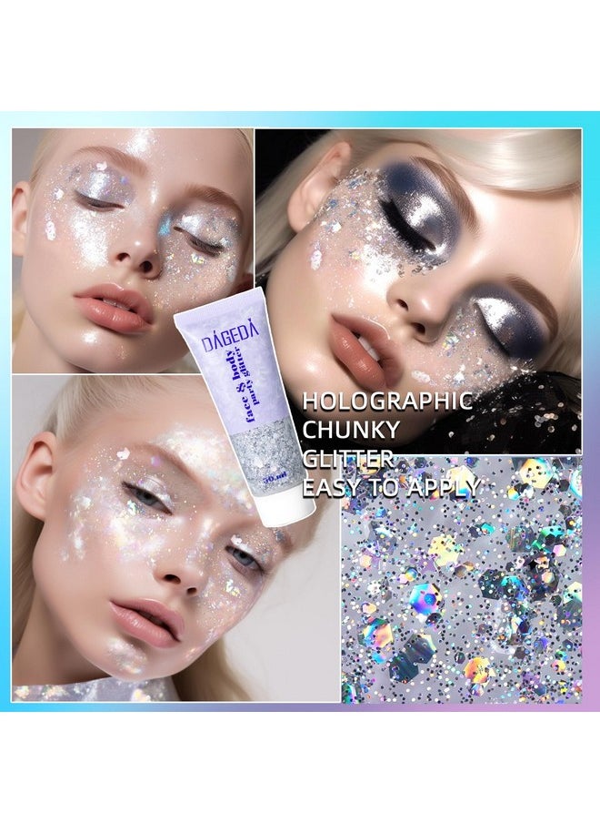 Body Glitter Gel, Body Sequins Shimmer Liquid Eyeshadow, Chunky Glitter For Face Hair Nails, Holographic Cosmetic Laser Powder Festival Glitter Makeup 50Ml(Silver)