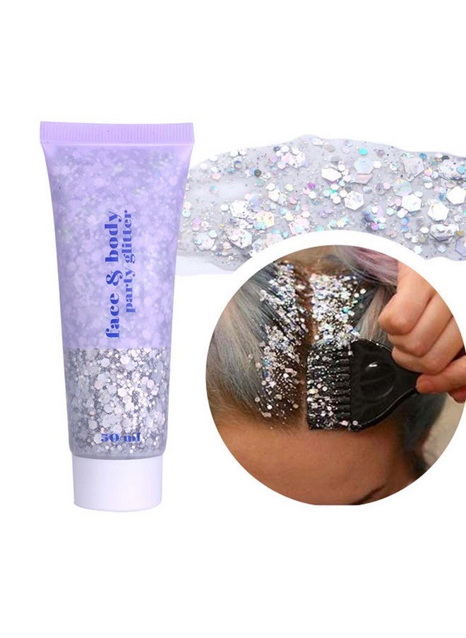 Body Glitter Gel, Body Sequins Shimmer Liquid Eyeshadow, Chunky Glitter For Face Hair Nails, Holographic Cosmetic Laser Powder Festival Glitter Makeup 50Ml(Silver)