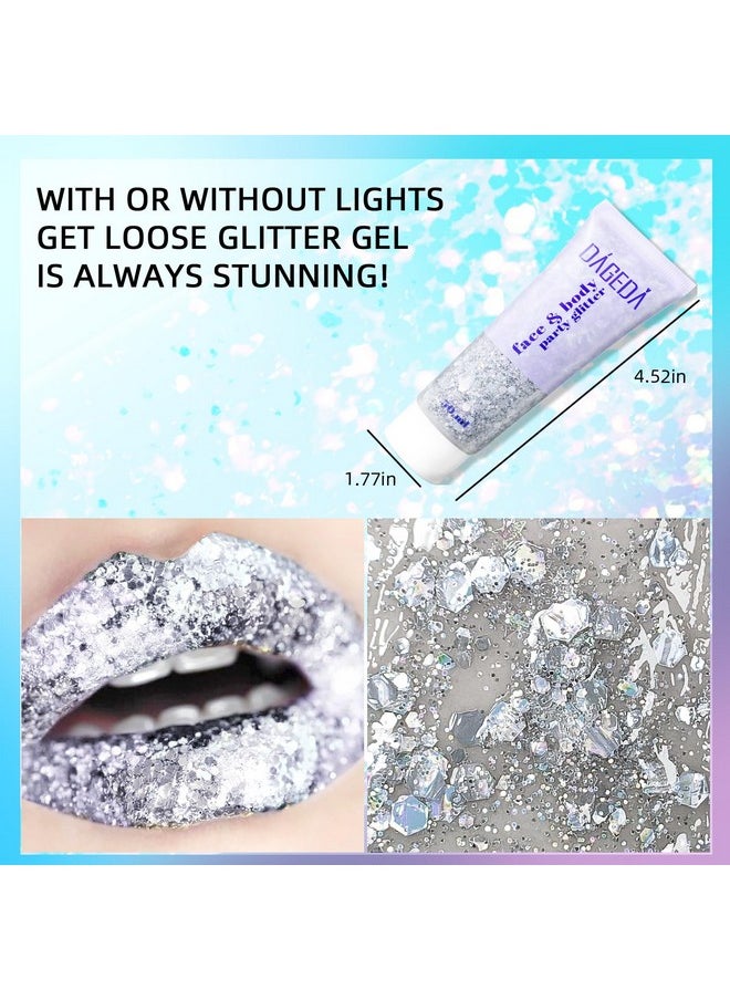 Body Glitter Gel, Body Sequins Shimmer Liquid Eyeshadow, Chunky Glitter For Face Hair Nails, Holographic Cosmetic Laser Powder Festival Glitter Makeup 50Ml(Silver)