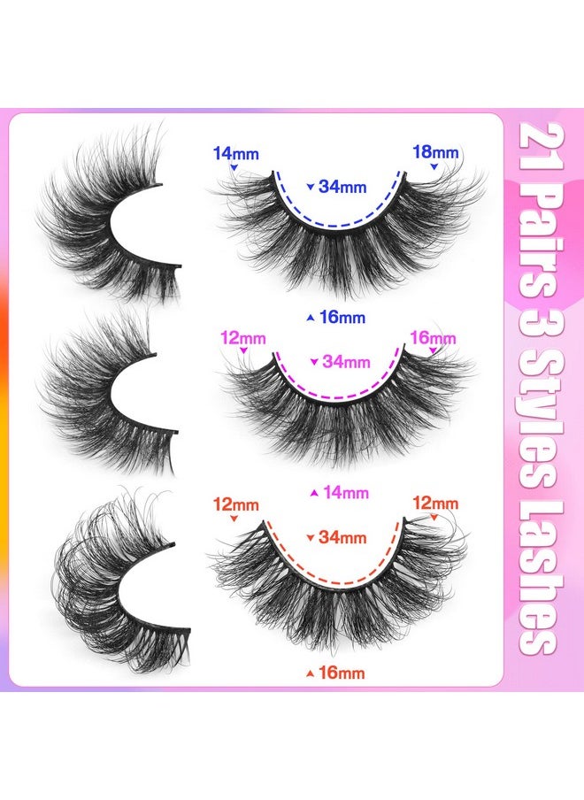 False Eyelashes Natural Mink Lashes Fluffy Wispy Cat Eye Lashes Natural Look 5D Extension Faux Mink Eyelashes Pack 12-18Mm Strip Fake Eyelashes 21 Pairs 3 Styles