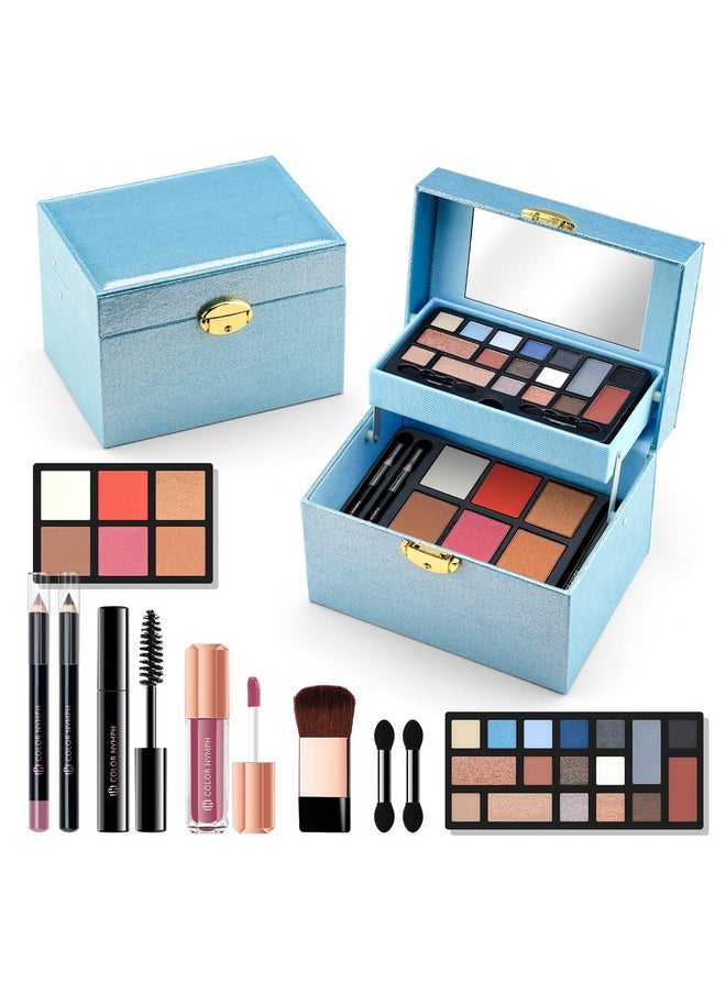 Beginner Makeup Kit For Teens, Girls Makeup Kits With Recyclable And Key-Lockable Cabinet Included 17-Colors Eyeshadows Blushes Bronzer Highlighter Lipstick Brushes Mirror(Blue)