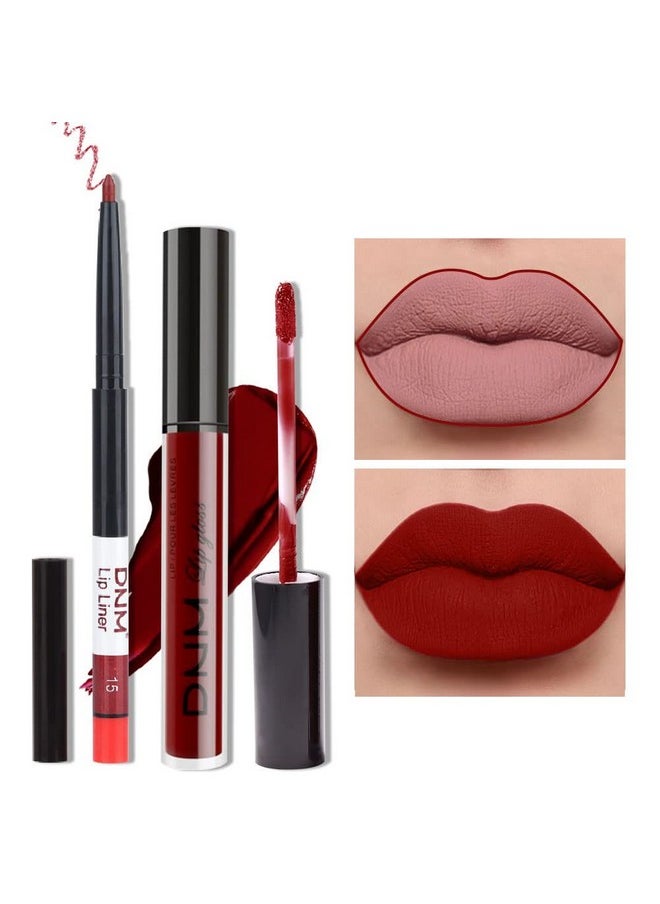 2Pcs Matte Dark Red Lip Liner And Lipstick Makeup Set, Liquid Lipstick 24H And Lip Liner Set Matt Liquid Lips Make Up Waterproof Long Lasting Lipstick Matte Kit With Lip Liner Kit (02)