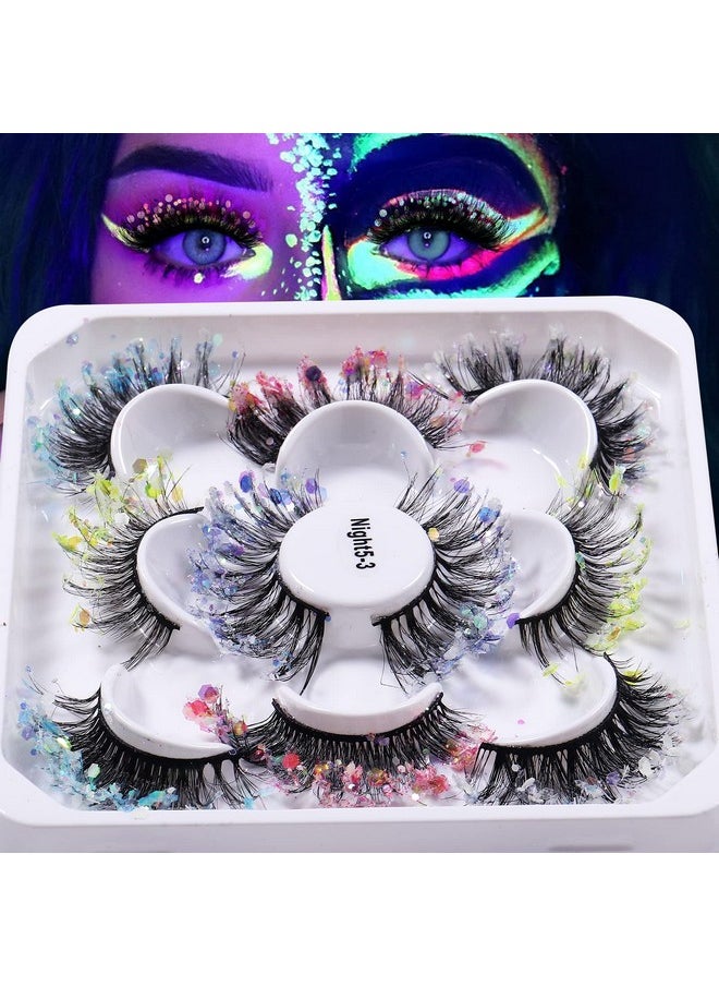 Glitter Night Luminous False Eyelashes 8D Wispy Faux Mink Lashes Colored Eyelashes Dramatic Lashes For Halloween Party Stage Cosplay(5 Pairs Set 3)