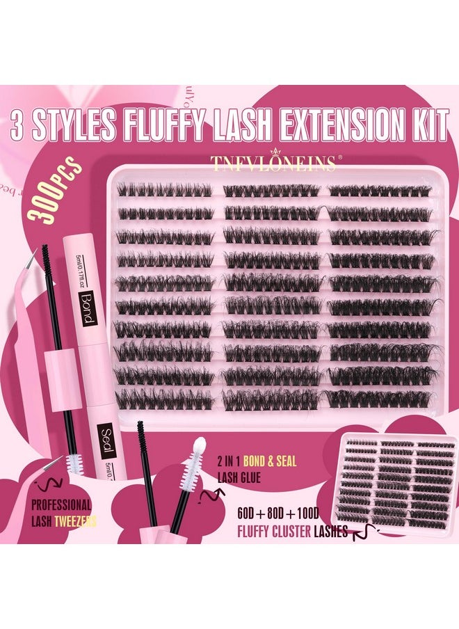 Extension Kit 60D+80D+100D Lash Clusters Thick Eyelash Extension Kit 10-18Mm Individual Lashes Kit 300Pcs Eyelashes Extension With Bond And Seal And Lash Extension Tweezers By Tnfvloneins