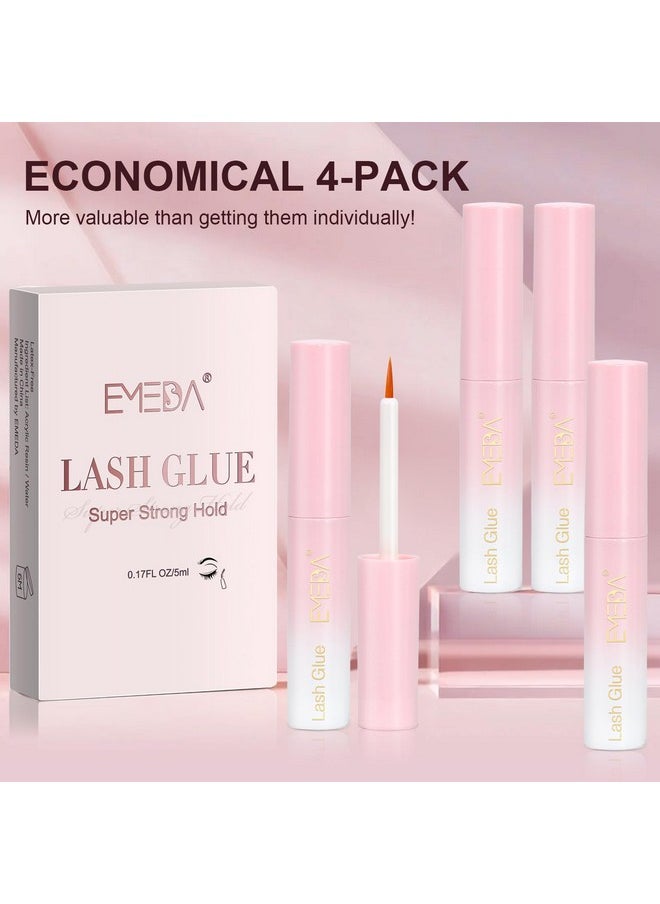 Eyelash Glue 4Pcs 20G/0.68 Oz Clear Lash Glue, Waterproof, Super Strong Hold, Latex Free, Hypoallergenic, Formaldehyde-Free White Strip Eyelash Adhesive Emeda