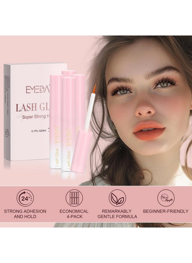 Eyelash Glue 4Pcs 20G/0.68 Oz Clear Lash Glue, Waterproof, Super Strong Hold, Latex Free, Hypoallergenic, Formaldehyde-Free White Strip Eyelash Adhesive Emeda