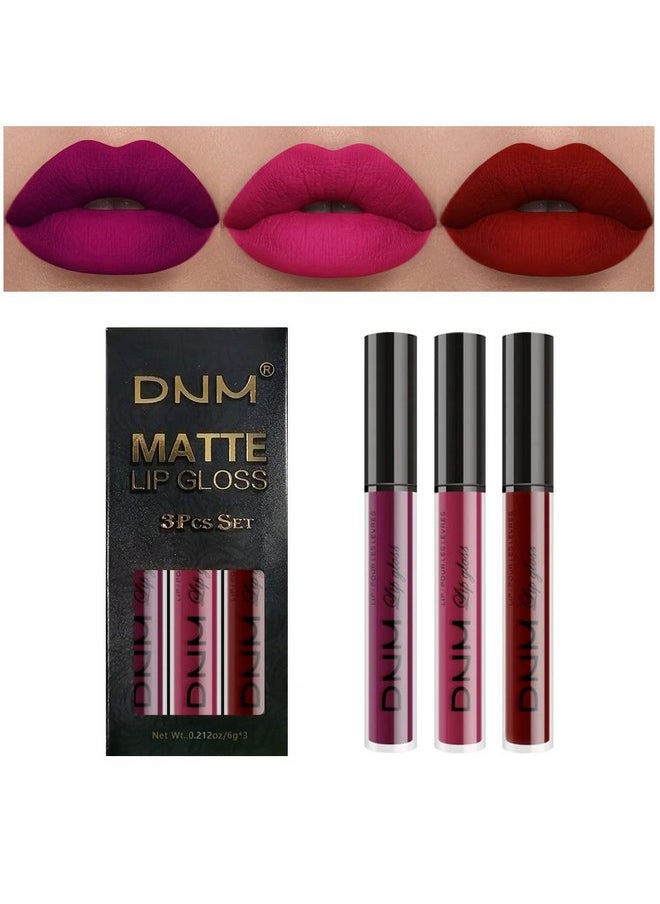 3Pcs Dark Red Purple Matte Liquid Lipstick Sets, Matte Lipstick Lip Stain Long Lasting 24 Waterproof Lip Gloss Gift Set Matt Lipsticks Set For Women Lippies (Set01)