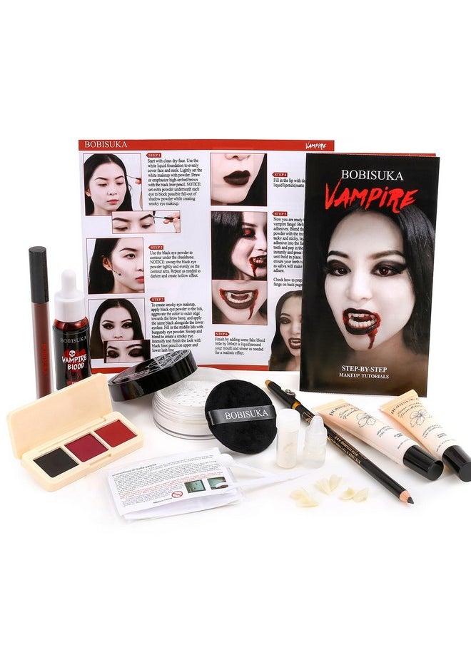 Halloween Vampire Makeup Kit, Complete Vampire Sfx Make Up Set With Vampire Teeth Fangs, Fake Blood And White Foundation For Cosplay, Costume Party, Stage, Movies & Theater