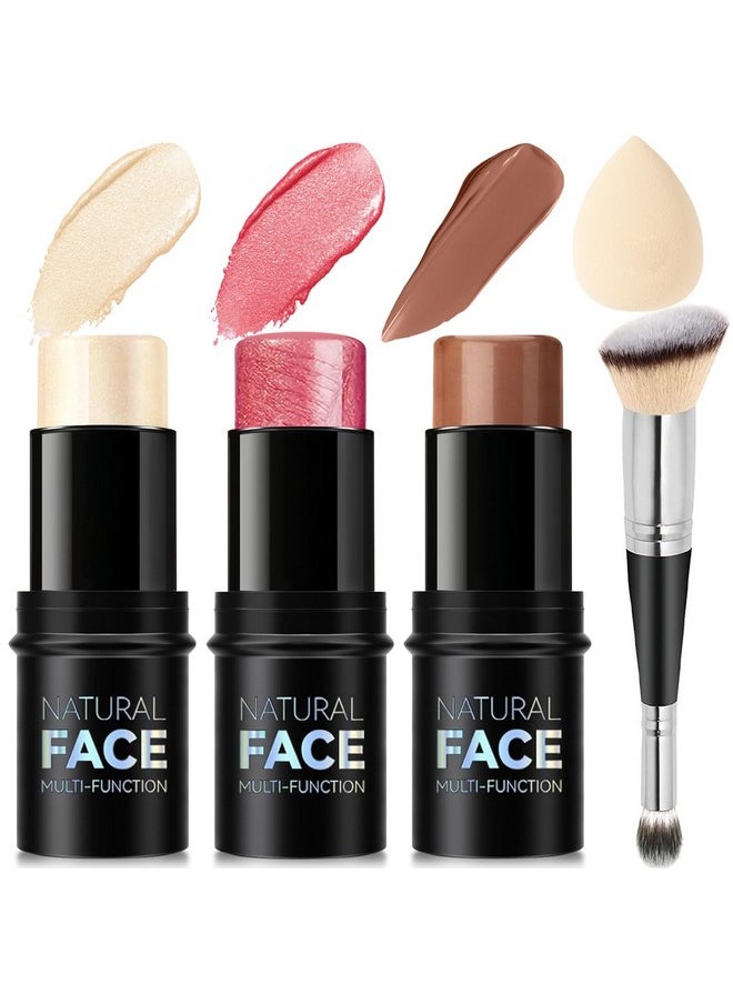 3Pcs Cream Contour Stick Makeup Kit, Shades With Highlighter Stick, Blush Stick And Bronzer Contour Stick For Sculpt The Cheeks, Long Lasting, Waterproof, Matte & Dewy Finish (Light)