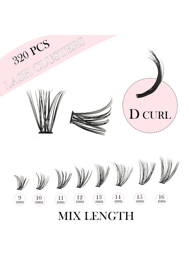 Lash Clusters Kit Wispy Individual Lashes Extensions 9-16Mm Natural 30D+40D Eyelash Cluster 320Pcs With Lash Bond And Lash Seal And Lash Tweezers Diy Waterproof Eyelash Extensions Kit