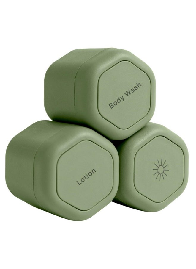 Travel Containers - Body Care Capsule Set - Magnetic Travel Capsules - For Body Wash, Lotions, Sunscreens - 3 Flex Mediums (1.32Oz) With Body Wash, Lotion, & Sun Icon Labels - Eucalyptus