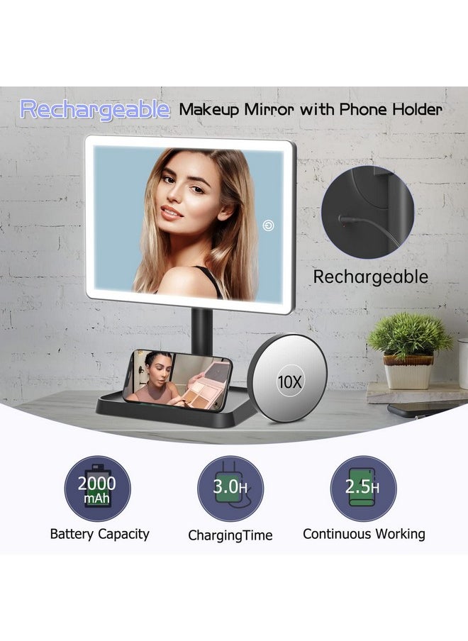 Rechargeable Makeup Vanity Mirror With Lights, Large Lighted Desk Makeup Mirror With 96 Led Lights And 10X Magnifying Mirror, 3 Color Lighting, Make Up Light Mirror With Phone Holder