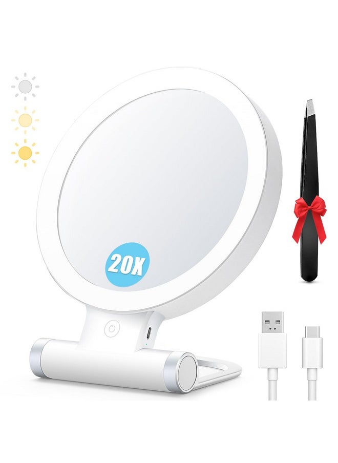 20X Magnifying Mirror With Light, Travel Magnifying Mirror, 1X/20X Vanity Mirror With Light, Adjustable Handle Travel Makeup Mirror, Touch Switch Light Up Mirror For Plucking Eyebrows