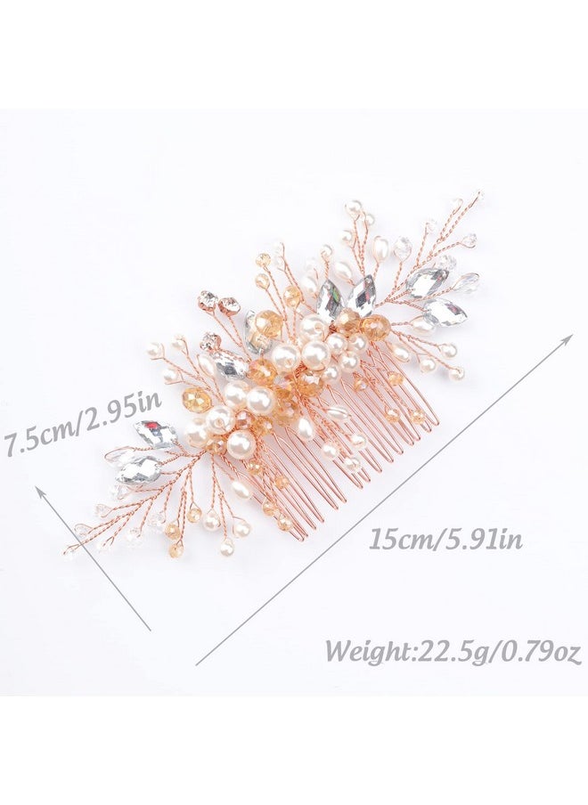Wedding Bridal Bridesmaids Flower Girl Crystal And Pearl Side Hair Comb Slide Headpiece Long Curly Bun Hair Accessories For Prom (Rose Gold)