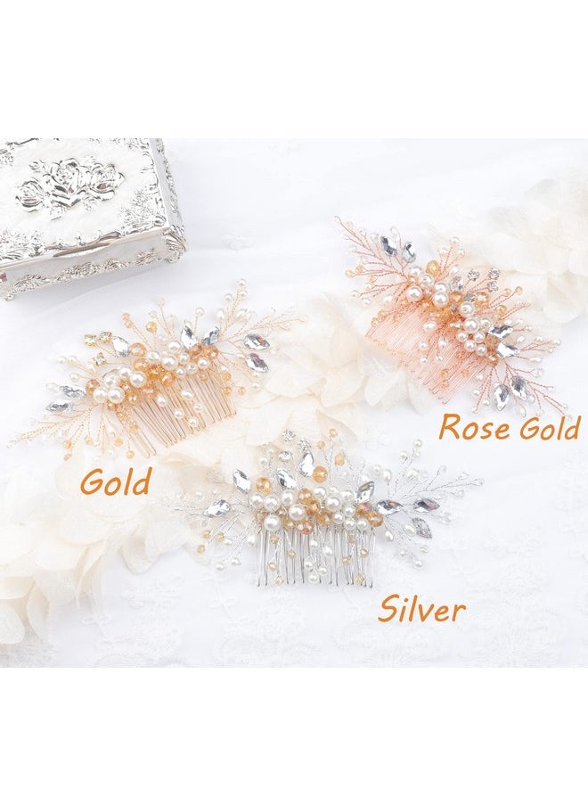 Wedding Bridal Bridesmaids Flower Girl Crystal And Pearl Side Hair Comb Slide Headpiece Long Curly Bun Hair Accessories For Prom (Rose Gold)