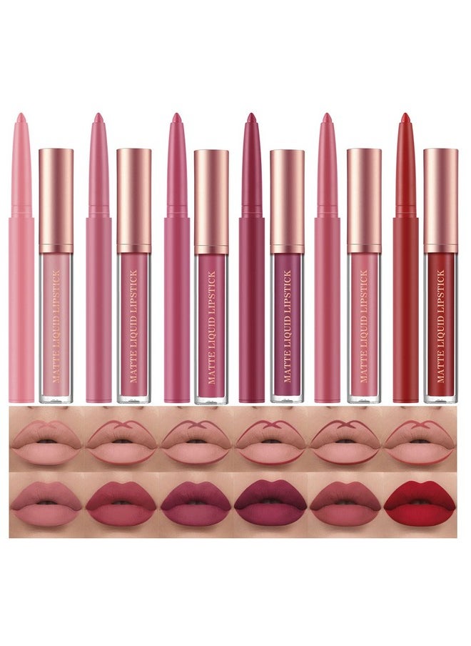 12Pcs Matte Liquid Lipstick + Lip Liner Pens Set, One Step Lips Makeup Sets Pigment Velvety Nude Lip Stain Waterproof Long Wear Lip Gloss Make Up Gift Set (Set B)