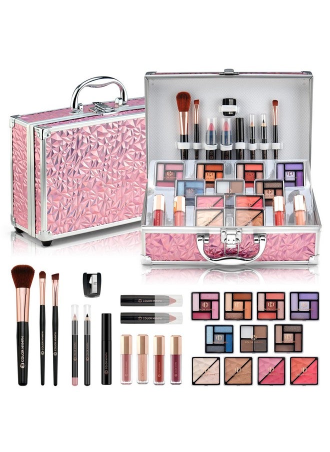 Starter Makeup Kit For Tweens Girls, Train Case For Women Full Kit With Eye Shadow, Lipstick, Blush, Brushes, Lipgloss, Mascara, Brow Wax And Mirror Pink Full Starter Cosmetics Set