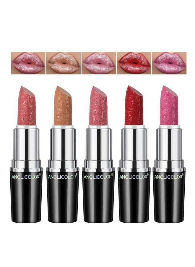 5Pcs Glitter Lipstick High Impact Lipcolor,Lipstick Moisturizing Creamy Formula,Metallic Lipstick For Women For Vegan & Cruelty-Free,Full-Coverage Lip Color (#B, 5Pcs)