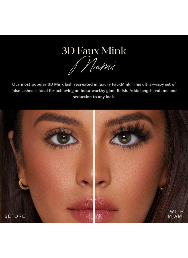 3D Miami In Faux Mink | False Eyelashes | Dramatic Look And Feel | Reusable | Non-Magnetic | 100% Handmade, Vegan | Silk Like Luxury Fibers