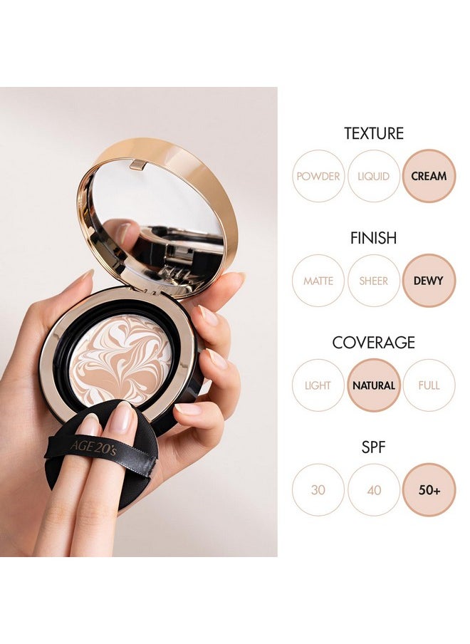 Age20'S Signature Essence Pact Spf 50+ | Cream Foundation, Dewy Finish, Natural Coverage | Korean Cushion Foundation | 1 Refills Included | 27C Honey
