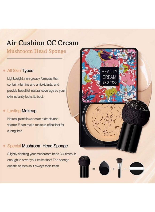 Air Cushion Cc Cream Mushroom Head, Moisturizing Concealer Makeup Base, Primer Liquid Foundation Long Lasting With Two Mushroom Makeup Sponges 【Natural】【Screw Lid】