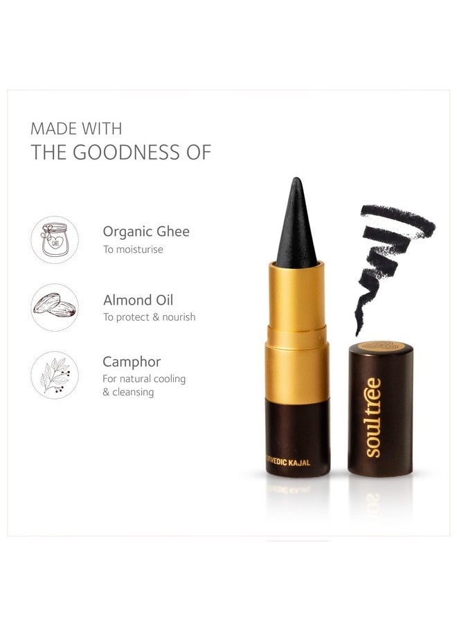 Ayurvedic Kajal | Pure Black 011 | Black Shade | Enriched With 100% Organic Ghee, Almond Oil & Camphor | Soothe, Cool & Nourish Eyes | Soothes, Cools, And Nourishes Eyes With Gentle Care 3Gm