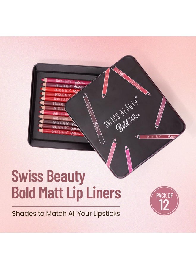 Bold Matt Lip Liner | Set Of 12 | Long-Lasting |Matte Finish | Non-Drying, 19.2Gm
