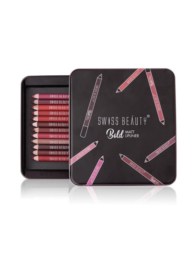Bold Matt Lip Liner | Set Of 12 | Long-Lasting |Matte Finish | Non-Drying, 19.2Gm