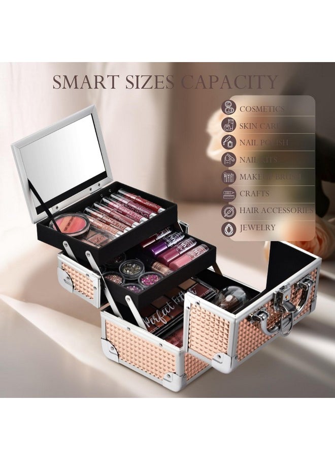 Makeup Train Case Portable Cosmetic Box Jewelry Organizer 2-Tier Trays Lockable With Keys And Mirror Carrying With Handle Makeup Storage Box - Rose Gold