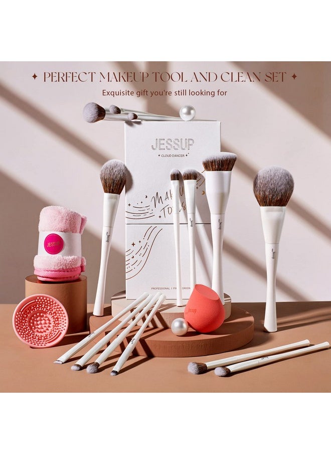 Makeup Brushes Set 14Pcs Highend Makeup Gift Set For Women Include Foundation Concealer Blush Contour Powder Eye Shadow Brush, Makeup Sponge, Makeup Brush Cleaner And Towel, Pearl White T333