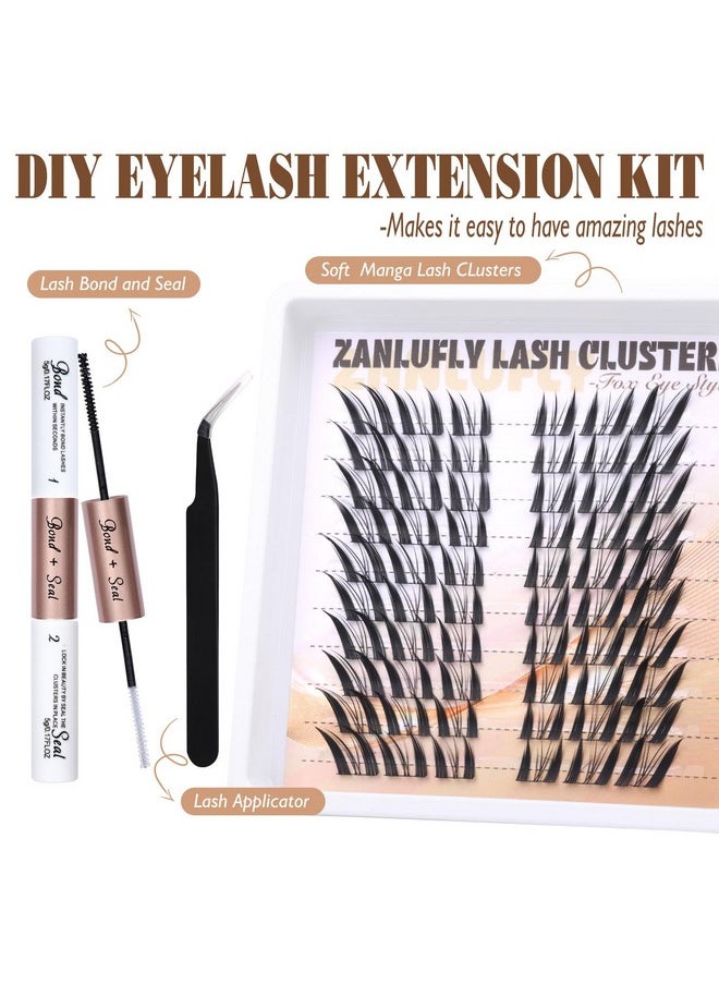 Lash Clusters Kit Fox Eye Manga Lash Extension Kit Natural Individual Lashes Kit Wispy Cat Eye Diy Eyelashes Clusters Extension Kit With Lash Bond And Seal Lash Applicator
