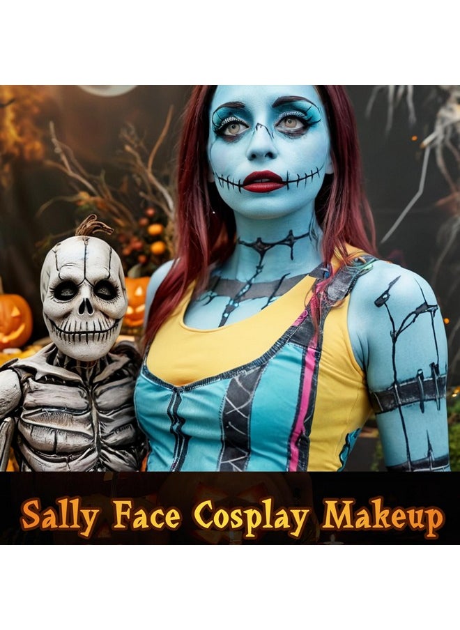 Sally Makeup Kit,Professional Sally Costume Corpse Bride Makeup,Light Blue Face Paint And Setting Powder Halloween Makeup Kit,Sally Face Cosplay,Liquid Eyeliner+False Eyelash+Lipstick+Sponges