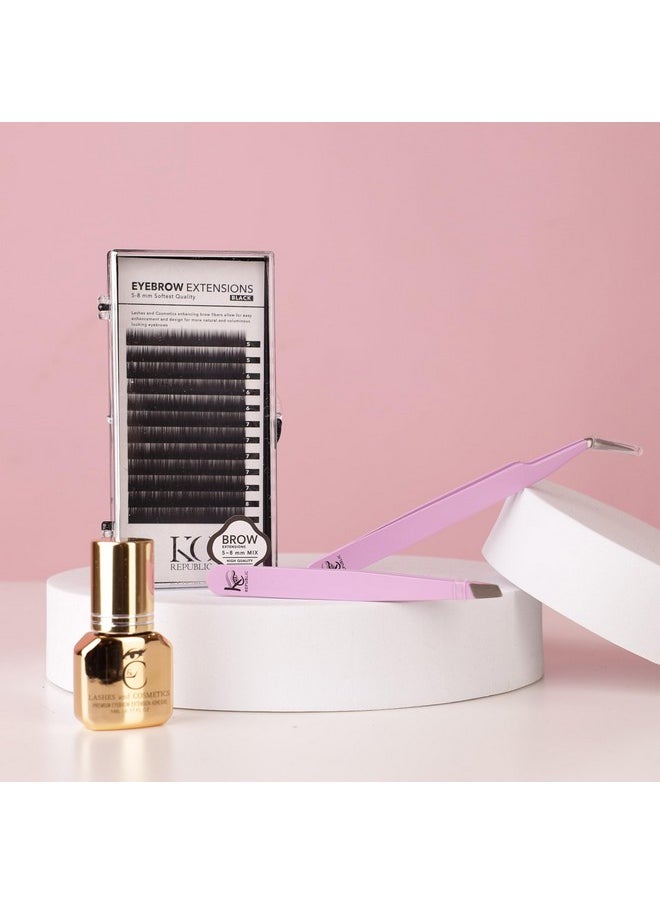 Eyebrow Extensions Premium Kit With 4 Trays Of Mink Eyebrows In Light Brown, Brown, Dark Brown, Black, Comes On Mixed Length Trays 5-8 Mm Mix, Eyebrow Premium Glue & Extension Tweezers