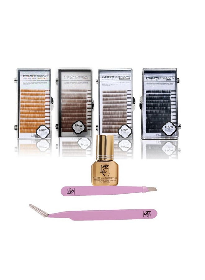 Eyebrow Extensions Premium Kit With 4 Trays Of Mink Eyebrows In Light Brown, Brown, Dark Brown, Black, Comes On Mixed Length Trays 5-8 Mm Mix, Eyebrow Premium Glue & Extension Tweezers