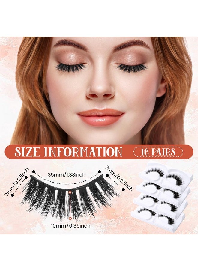 16 Pair Reusable Self Adhesive Eyelashes Waterproof Stable False Lashes Self Stick Easy To Apply False Eyelashes With Tweezers For Women Natural No Eyeliner Look, Black(Thick Style)