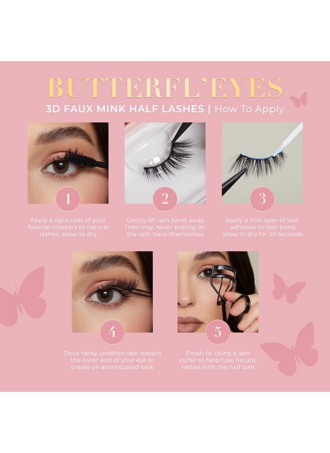 Butterfl'Eyes Faux Mink Lashes, Half Lashes Natural Look & Feel, False Eyelashes, Reusable Eyelashes 20X, No Trimming + Easy To Apply, Round Style, Lash Glue Not Included 13Mm (Sassy)