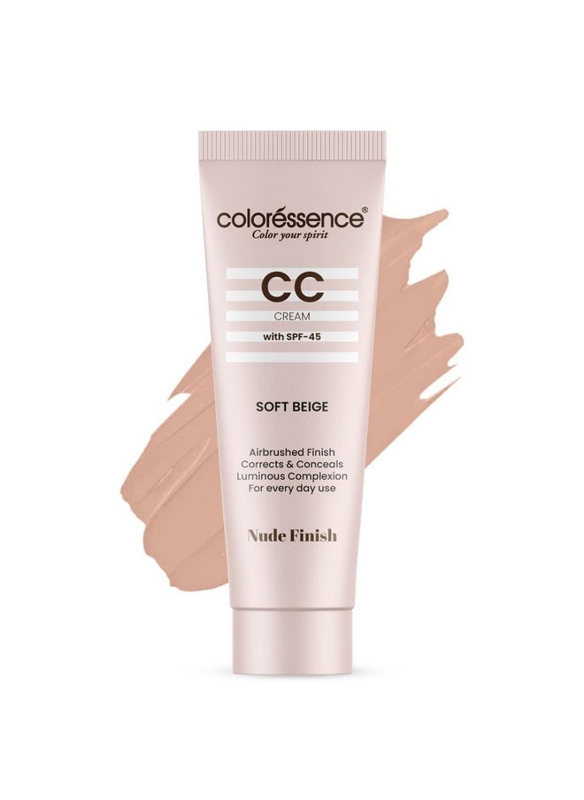 Face Cc Cream With Spf-45 For Instant Brightening & Glow | Corrects & Conceals | Medium Coverage Nude Finish Skin Tint | With Free Lip Smoothie | Soft Beige