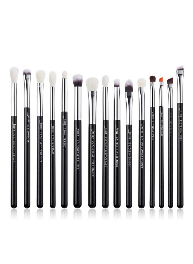 Eye Makeup Brushes Set Professional 15Pcs With Eyeshadow Blending Concealer Eyebrow Eyliner Brush (Pearl Black/Silver)